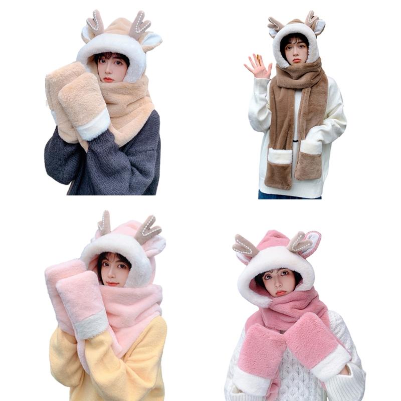

Berets Reindeer Hat Windproof Neck Protection Winter Scarf Gloves Set 1XCA, Beige