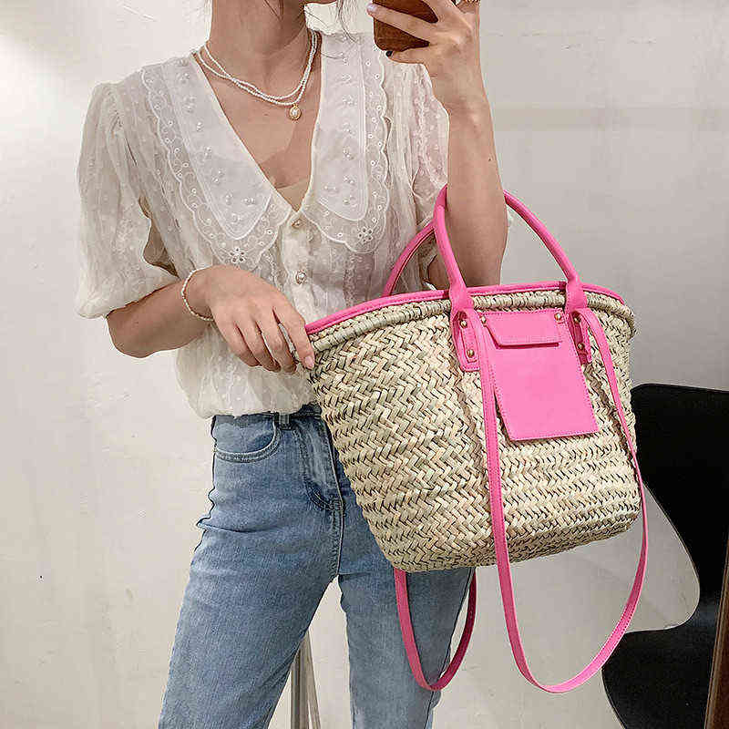 

Casual Large Capacity Tote Rattan Women Handbags Designer Wicker Woven Shoulder Crossbody Bags Luxury Summer Beach Bag Big Purse G220429, White