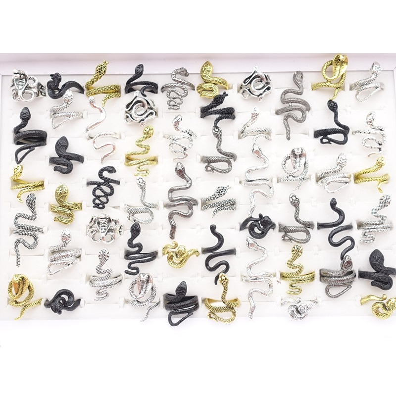 

Wholesale 50pcs/Lot Snake Rings Vintage Jewelry For Men Women Punk Style Fashion Finger Accessories Size Adjustable Party Gift Black Golden Silver Plated Mix Lot