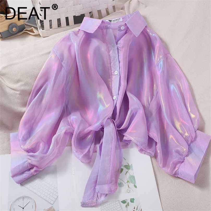 

DEAT Women Fashion Rainbow Glossy Shirt Turn-down Collar Long Sleeve Fashion Temperament Spring Summer 11D1715 210709, White
