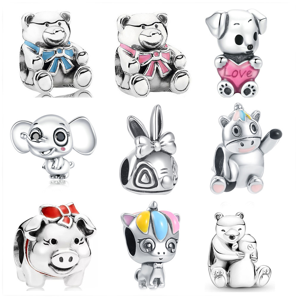 

New Popular 925 Sterling Silver Pig Rabbit Elephant Animal Beads for Original Pandora Charm Bracelet Ladies DIY Jewelry