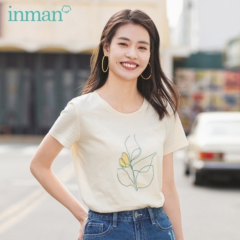 

INMAN Summer Arriavl Pure And Fresh Round Collar Pure Cotton Embroidered Short Sleeve Tshirt Y200412, Green