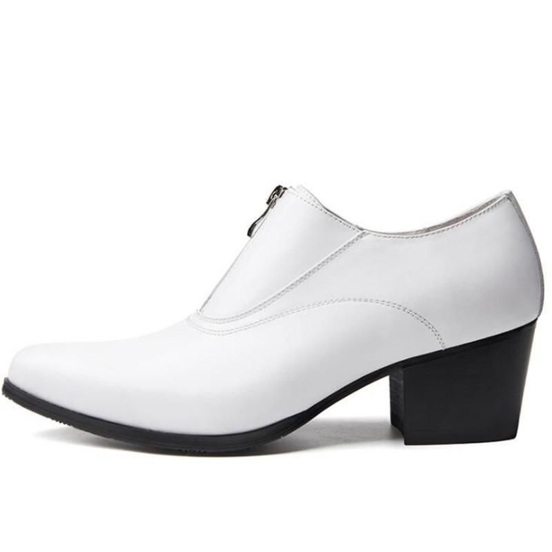 

Dress Shoes 6cm High Heels Trendy Pointed Toe Genuine Leather Derss Men White Height Increase Wedding Zip Black Brown Work