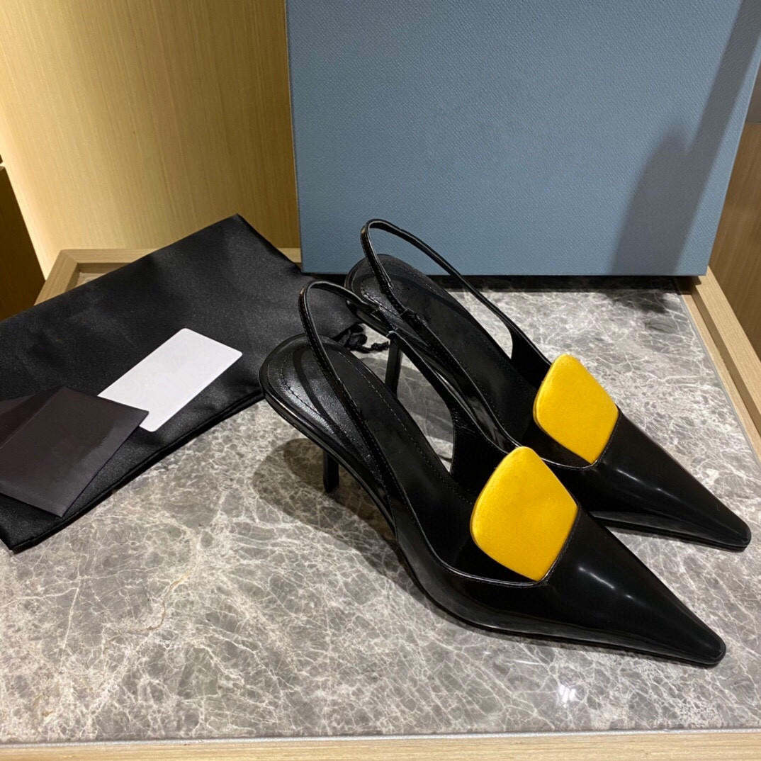 

2022 Women Sandals High Heels Shiny Leather Buckle Pointed Toe Slippers Nude Sliders Sandal Heel Shoes Black White slingback