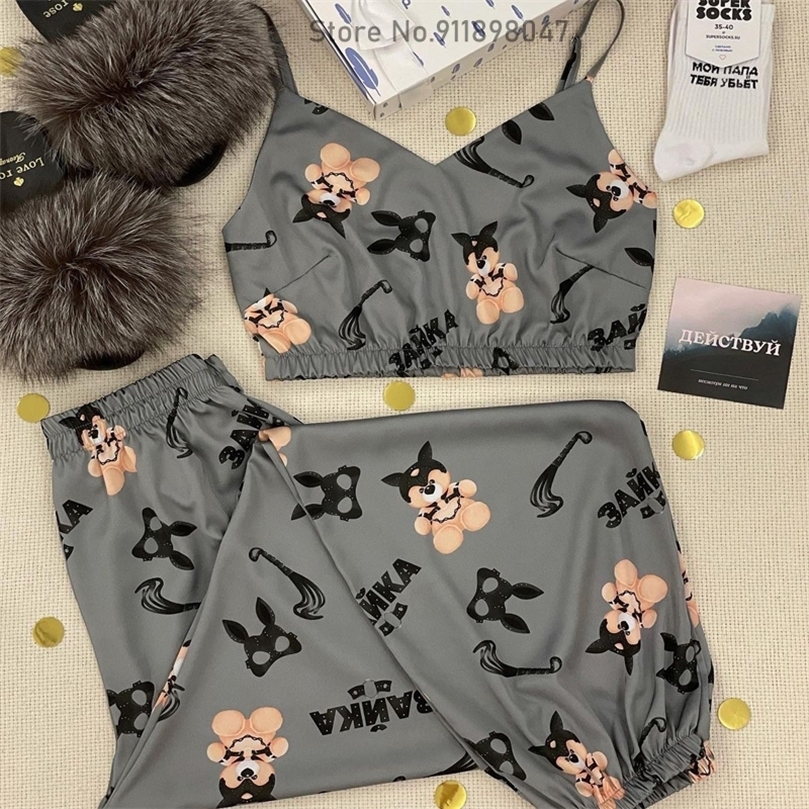 

Fashion Animal figure Color Satin Robe Set With Bra Sexy Pajamas Set Female Home Suit For Women Sleepwear Autumn Long Pants 220527, 14