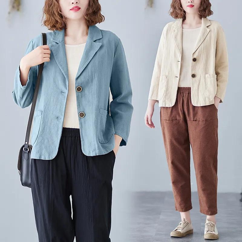 

Women's Suits & Blazers Women Cotton Linen Casual Blazer Coats 2022 Spring Vintage Style Loose Comfortable Thin Ladies Short Jackets Outerwe, Black
