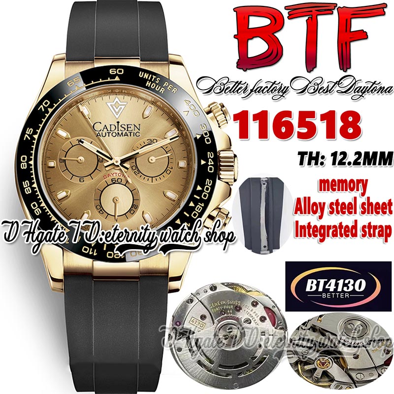 

BTF Better Factory bt116518 Mens Watch Cal.4130 SA4130 Chronograph Automatic TH 12.2mm Ceramics Bezel Champagne Dial 904L Steel Case Rubber Strap Eternity Watches, Watch waterproof cost
