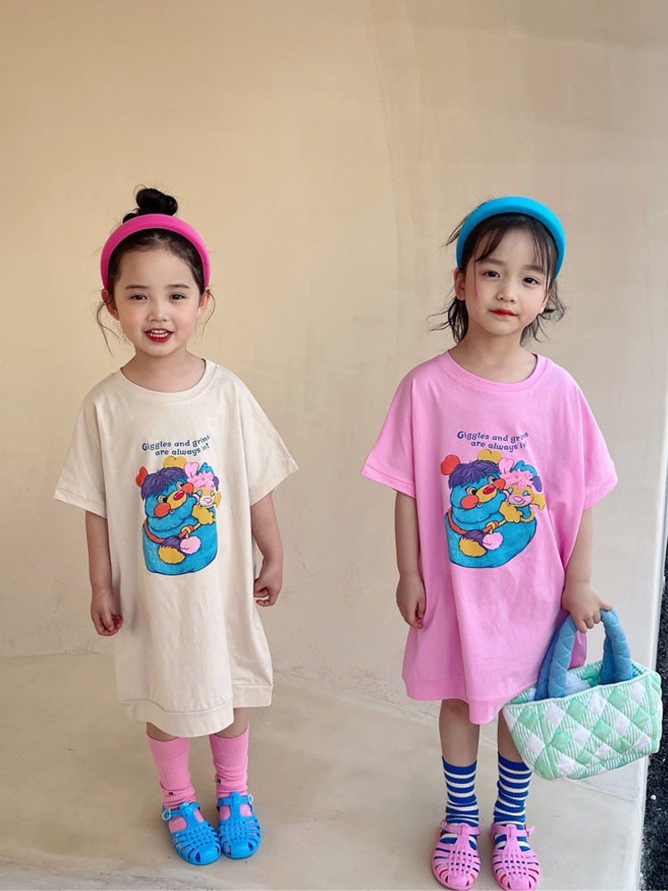 

Girls Cartoon Printing Tshirt Skirt Summer Korean Version of The Foreign Style Pullover Childrens Baby Long Tsleeve Skirt 220614, Pink