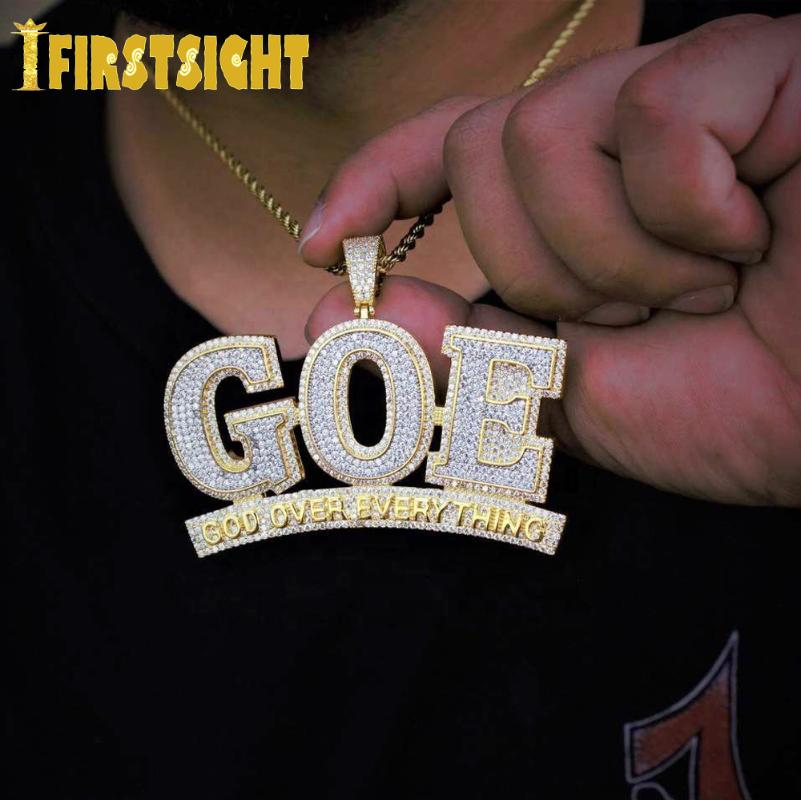 Chains Iced Out Bling CZ Letter God Over Everything Pendant Necklace Cubic Zirconia Big Letters GOE Charm Men Women Hip Hop Jewelry