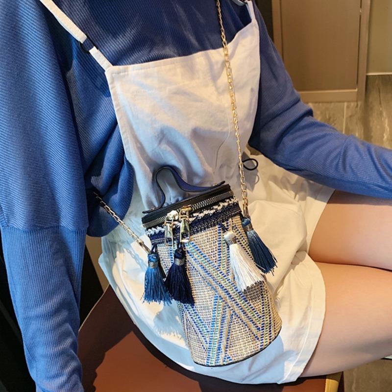 

Evening Bags Summer Messenger Handbags Bohemian Woven Shoulder Ins Handbag Beach Bag Casual Tote Straw Barrel Shaped, Blue