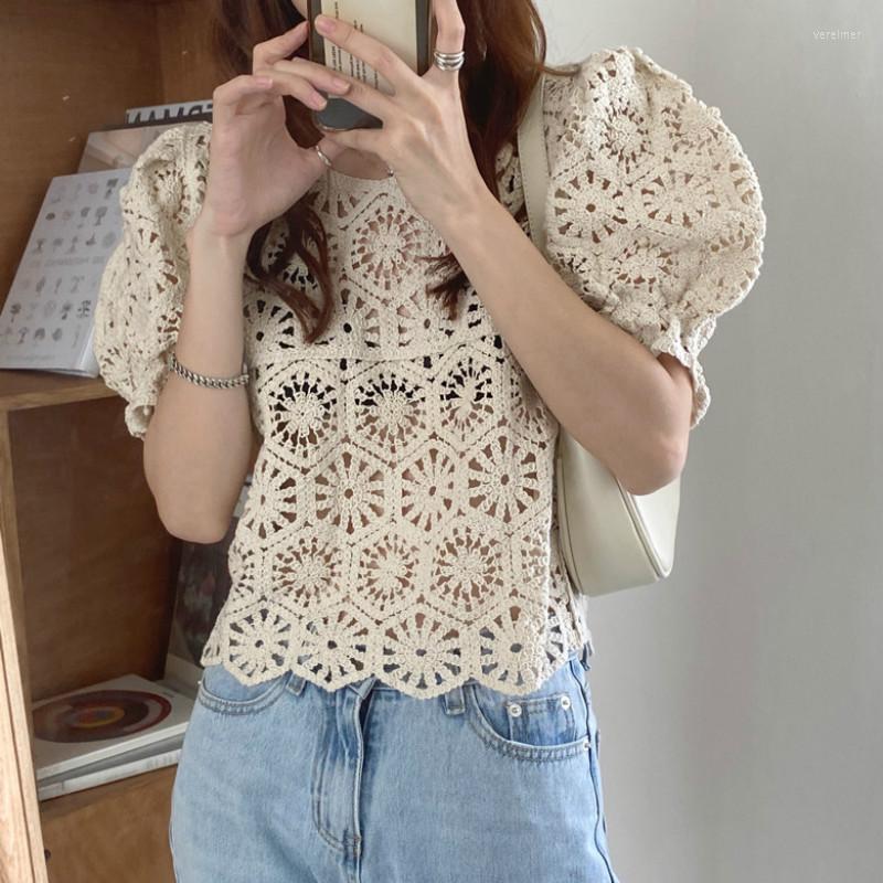 

Women's Blouses & Shirts Women Summer Vintage Flower Hollow Out Blouse Puff Sleeve Knitted Shirt Short Pullover TopWomen's Vere22, Beige