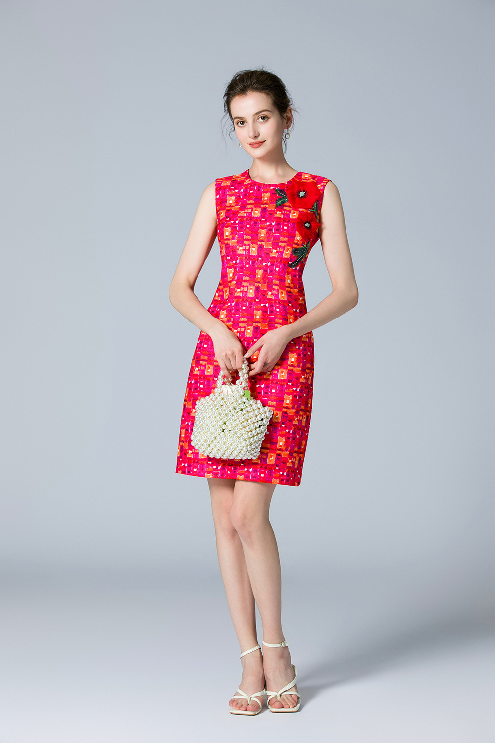 

619 2022 Milan Runway Dress Spring Summer Dress Crew Neck Pink Vest Beads Sleeveless Brand Same Style Empire Womens Dress Fashion High Quality SH, Customize