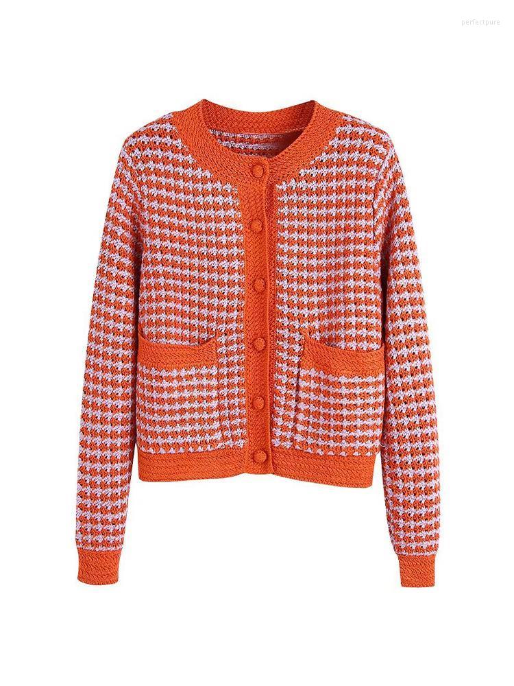 

Women' Knits & Tees Women 2022 Fashion Crochet Weave Plaid Cardigan Sweater Vintage Long Sleeve O Neck Female Outerwear Chic Tops Perf22, Orange 3