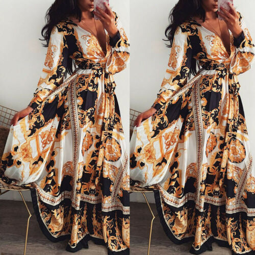 

Women Boho Wrap Summer Long Dress Holiday Maxi Loose Sundress Floral Print V neck Sleeve Elegante Dresses Cocktail Party 220613, Gold