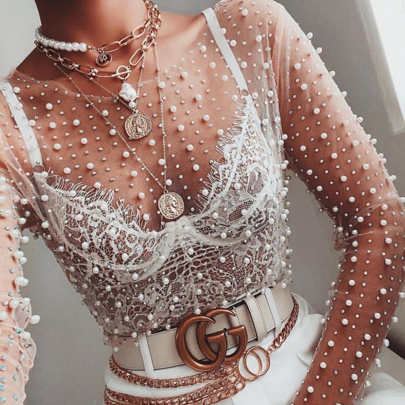 

Women' Blouses & Shirts 2022 Spring Beading Lace Blouse Fashion Through See Mesh Women Summer Long Sleeve Pearls Female Tee Top, Nude