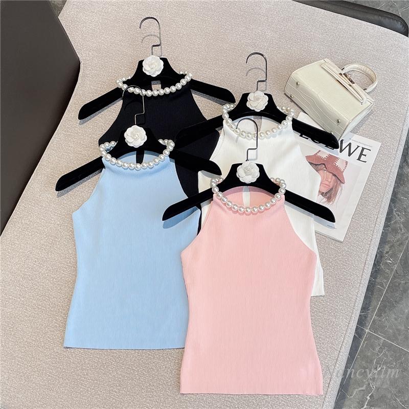 

Women's Tanks & Camis Summer Sweet Expensive Pearl Collar Tank For Women Korean Style FashionableSexy Sleeveless Knitted Top Ladies WearWome, White