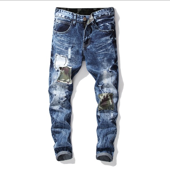 

Mens Denim Jeans Biker Hot Fashion Washed Embroidery Badge Straight Fashion Jeans Large Size, Blue