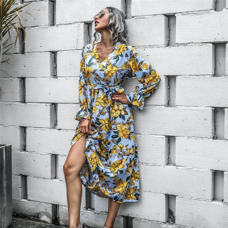 

Casual Dresses 2022 Women Spring Summer V Neck Floral Dress Full Sleeve High Waist Bandage Party Ruffles, Light blue