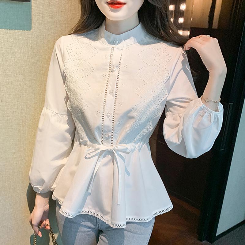 

Women' Blouses & Shirts Elegant Stand Collar Hollow Out White Shirt Spring 2022 Slim Waist Lace Tops Lantern Sleeve Women Blouse Blusa, Ph