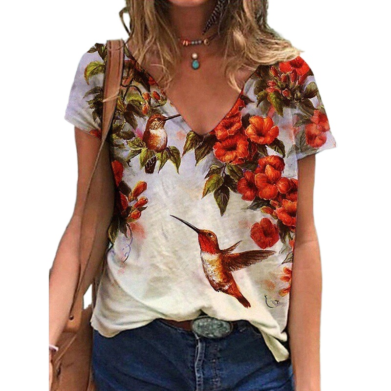 women's Floral Theme Butterfly Painting T shirt Floral Butterfly Bird Print V Neck Basic Tops Green Blue Pink / 3D Print j8Ew#