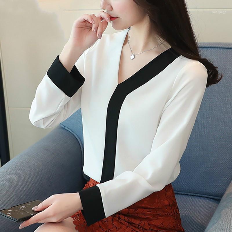 

Ladies Tops Office Chiffon Blouse Women Fashion V-neck Long Sleeve Patchwork Shirt Female Casual Spring Blusas Mujer Women' Blouses, White