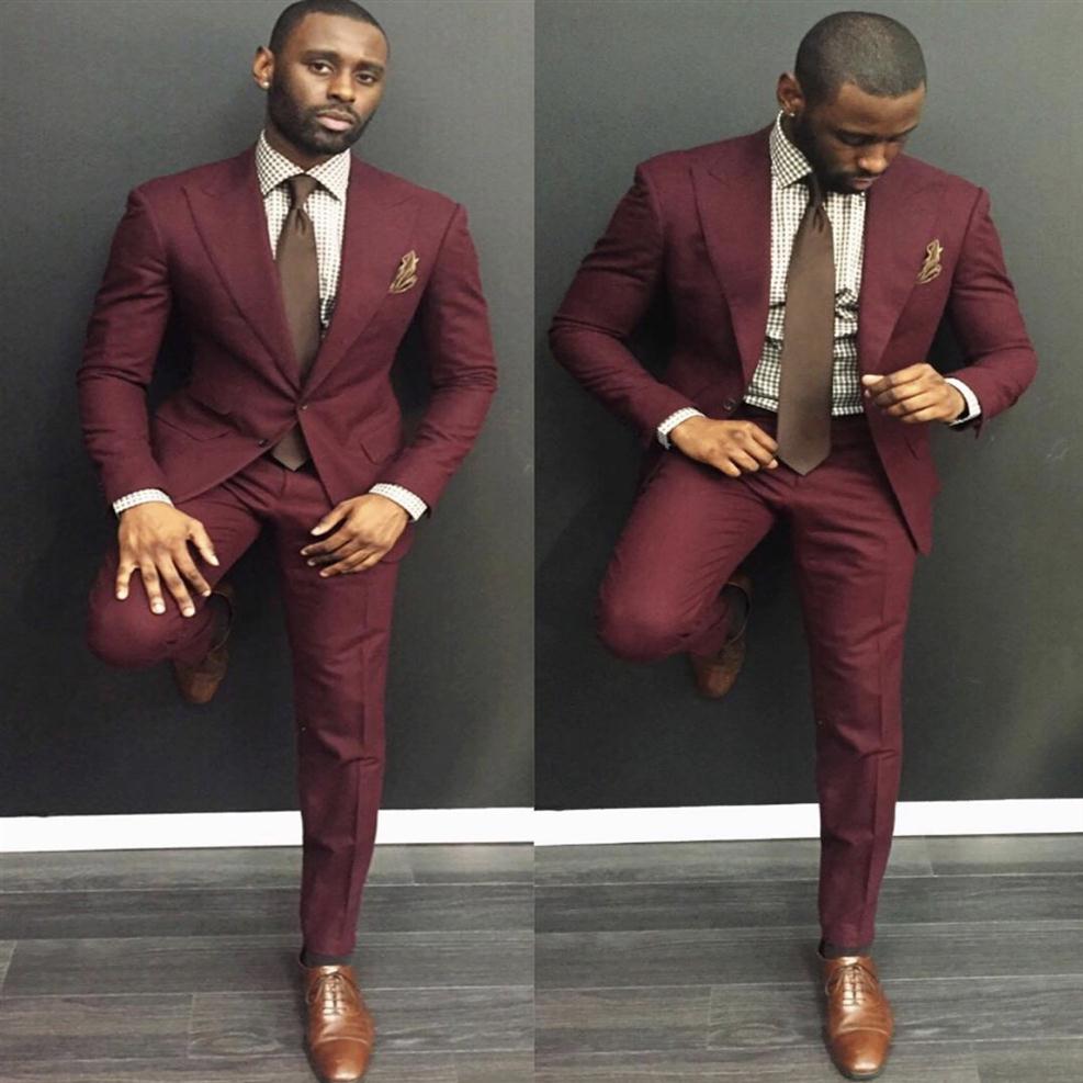 

Classy Burgundy Wedding Mens Suits Slim Fit Bridegroom Tuxedos For Men Two Pieces Groomsmen Suit Formal Business Jackets With Tie2533, Burgundy 2