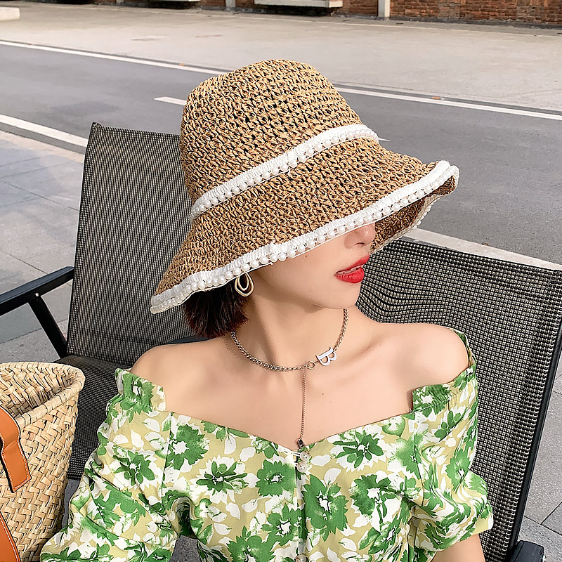 

Straw Hat for Women Summer Bucket Hat Outside Travel Sun Cap Beach Vacation Panama Pearl Foldable Vintage Hepburn Style Lady Hat, Khaki