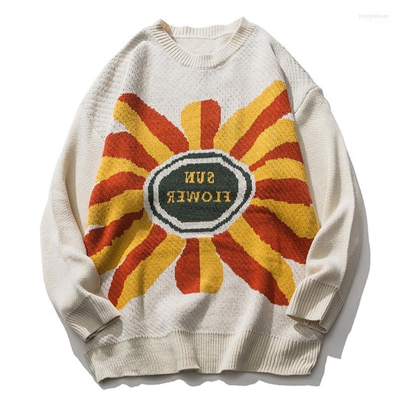 

Men's Sweaters Harajuku Sunflower Jacquard Embroidered Knitted Sweater Hip Hop Streetwear Retro Autu, Black