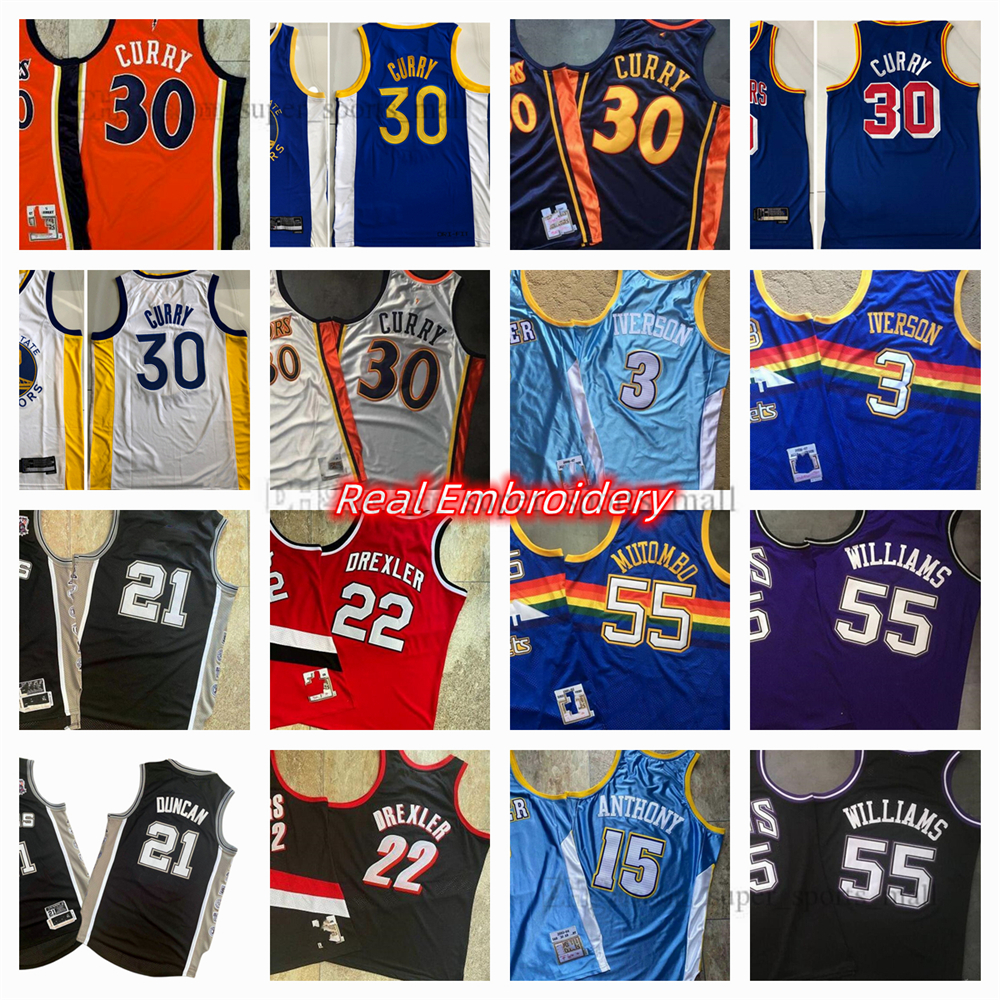 

Dense Embroidery Retro Basketball Jerseys Mitchell and Ness Carmelo Iverson Anthony Dikembe Mutombo Stephen Curry Allen Clyde Drexler Jason Williams Tim Duncan, Same as picture