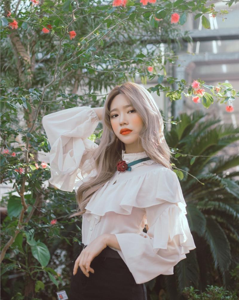 

Women's Blouses & Shirts Princess Layers Fancy Ruffles Blouse With Tie Vintage Style Puff Sleeve Shirt Women Chemise Femme Chemisier Blusa M, Ivory