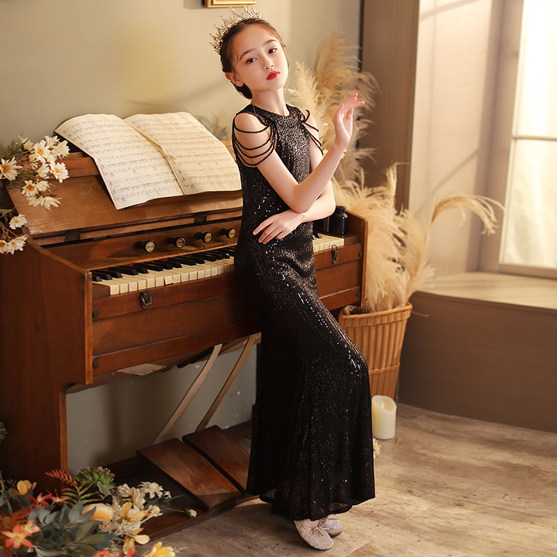 

Long Black Sequin Dress for Kids Girls Elegant Formal Evening Dresses Cocktail Luxury 2022 Prom Gowns Sparkling Child Teen Party