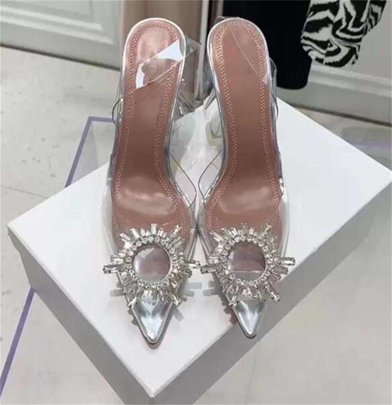 

Amina Muaddi Sandals Pvc Clear Slingback Crystal Heel shoes Pumps Womens 6.5mm sunflower rhinestone Transparent diamond sandal pointed dress shoe, Color 1
