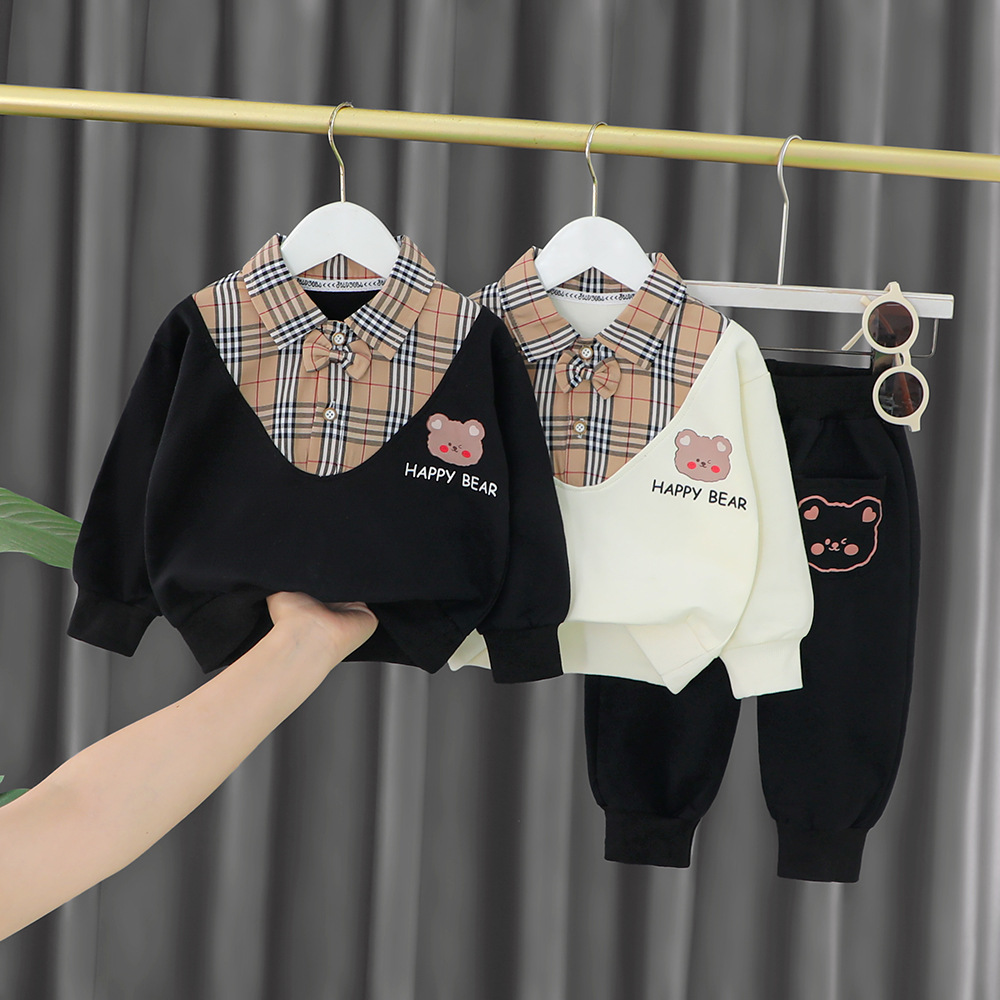 

Baby Boys Girls Clothing Sets Spring Autumn Infant Clothes Outfits Children Plaid Bear Tops Pants Kids Sportswear, Beige