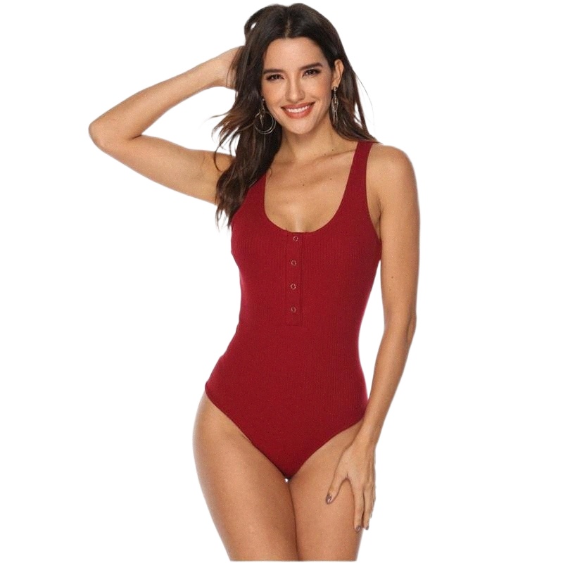 women's Jumpsuits & Rompers Sexy Bodysuit Summer Retro Vintage Women Solid Color Knitted Tops O-Neck Sleeveless Button Up Ribbed A261#-image-790032525