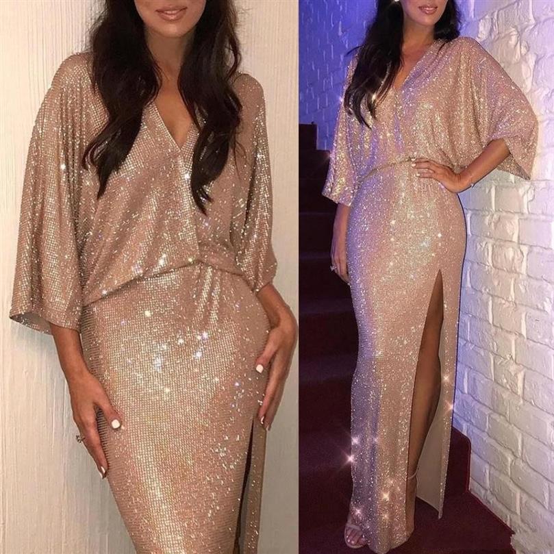 

2020 Rose Gold V Neck 3 4 Long Sleeves Sequin Mermaid Evening Dresses Ruched Split Floor Length Evening Prom Gowns Plus Size247Z, Hunter