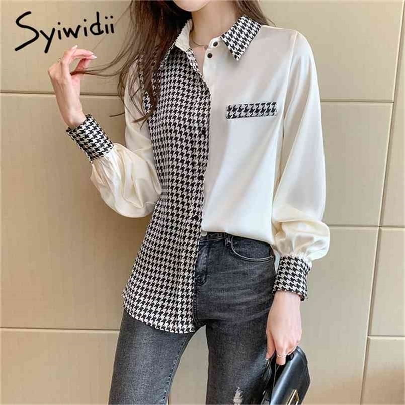 

Houndstooth Satin Blouse Women Office Lady Spliced Tops Patchwork Korean Fashion Clothing Shirt Long Sleeve Beige 210607