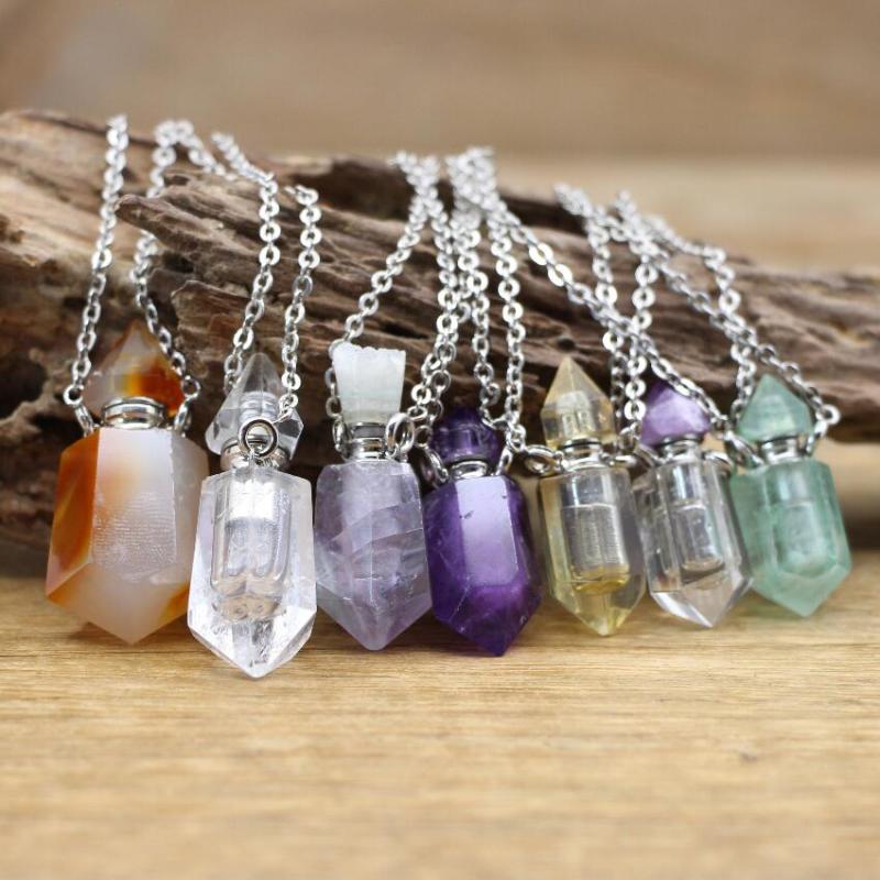 

Pendant Necklaces Natural Agates Quartz Perfume Bottle Pendants Crystal Point Silver Plated Chain Essential Oil Diffuser Necklace JewelryQC1