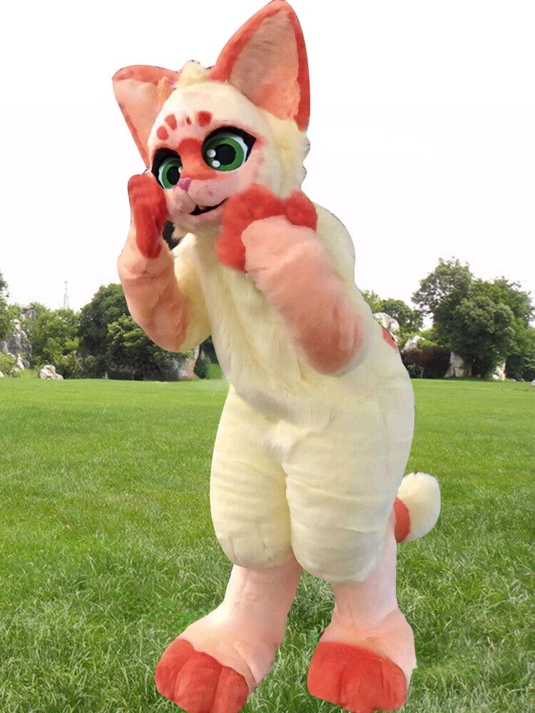 

Long Fur Husky Dog Fox Mascot Costume Fursuit Halloween Suit Dark Pink and Ivory Furry Outfit, As pic
