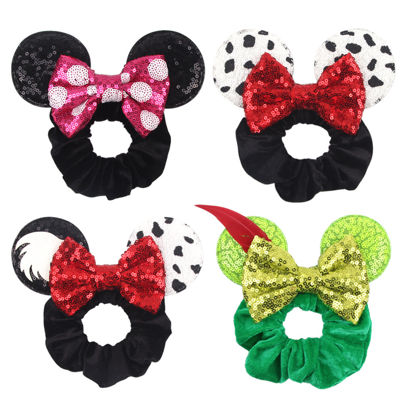 

112 Styles Sequins Mouse Ears Velvet Hair Scrunchies Hairband Women Elastic Ponytail Holder Girls Hair Tie Bow Accessories for Halloween Christmas M4195, Randomly send