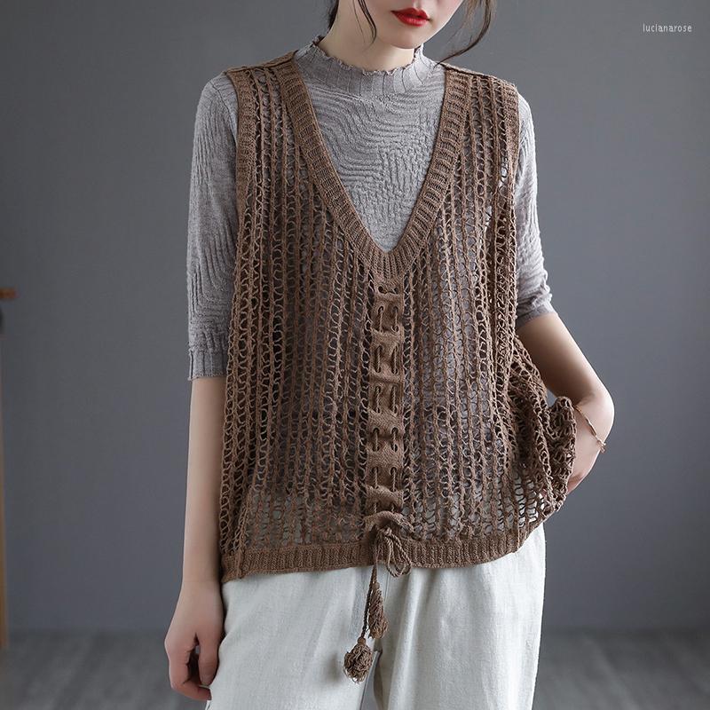 

Women's Vests QPFJQD Ladies Cotton Knitted Vest V-neck Retro Drawcord Loose Spring Autumn Women Simple Hollowed Out Sleeveless Luci22, Black
