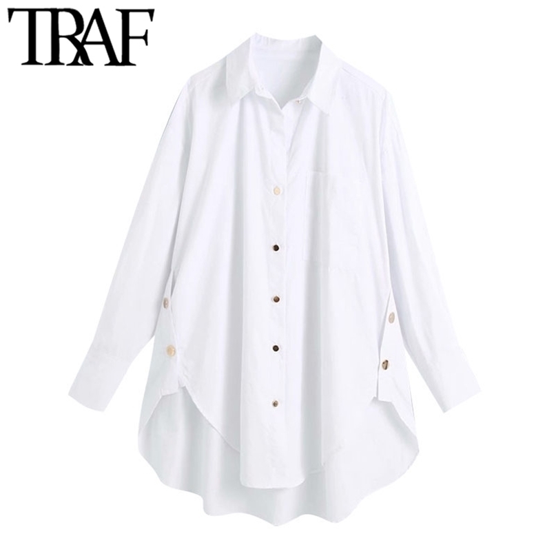 

TRAF Women Fashion With Side Buttons Loose Asymmetrical Blouses Vintage Long Sleeve Pockets Female Shirts Chic Tops 220402, As picture
