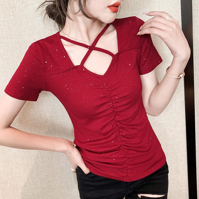 

Women' T-Shirt Summer Bronzing V-neck Halter Neck Short-sleeved Women' Slim Hollow Bottoming ShirtWomen, White