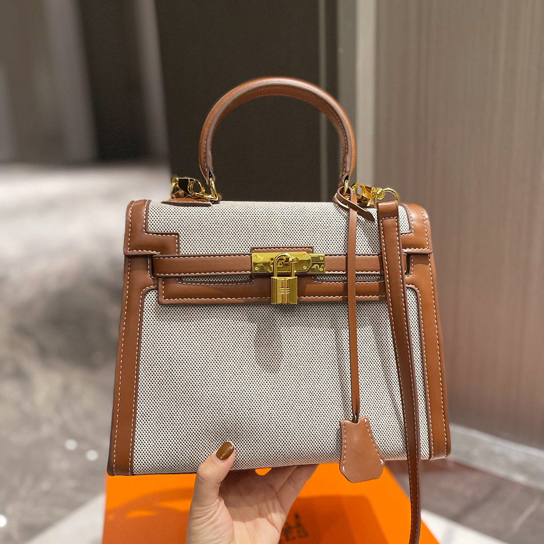 

France Brand Classic Kellyy Totes Shoulder Bags High Quality Genuine Leather Canvas Crossbody Bag Original Hardware Women Handbags Luxury Designers Bag 28CM, Black