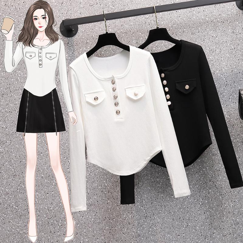 

Women's T-Shirt Women Shirts Blouse Ladies Long Sleeve Tops Spring Elegant Button Female Sexy Slim Pullovers Sweater Woman TshirtsWomen's, Black
