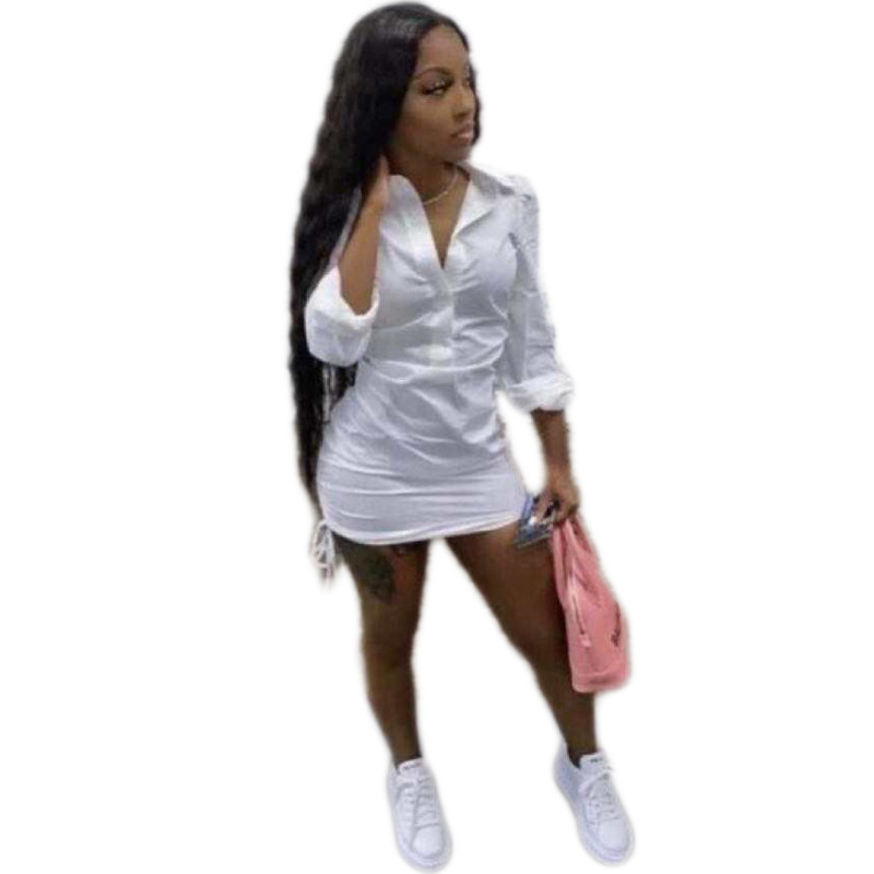 

Sexy 2022 Women Elegant Casual Shirt Dresses Drawstring Deep V-Neck Dress Skirt New Fashion Designer Clothing, White
