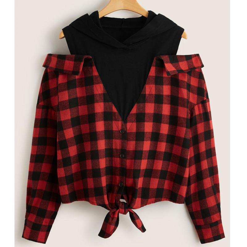 

Women's Blouses & Shirts Straight Type Ladies Fake Two-piece Shirt 2022 Spring And Autumn Plaid Hooded Off-shoulder Long-sleeved Women Em, Red