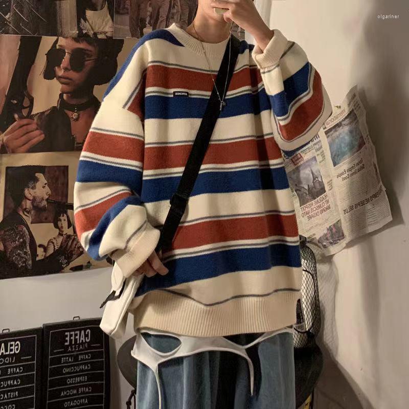 

Men's Sweaters Men's Fashion Loose Coats Striped Printing Wool Sweater Couples Clothes Cashmere Knitting In Warm Round Neck Pullover M-2, Blue