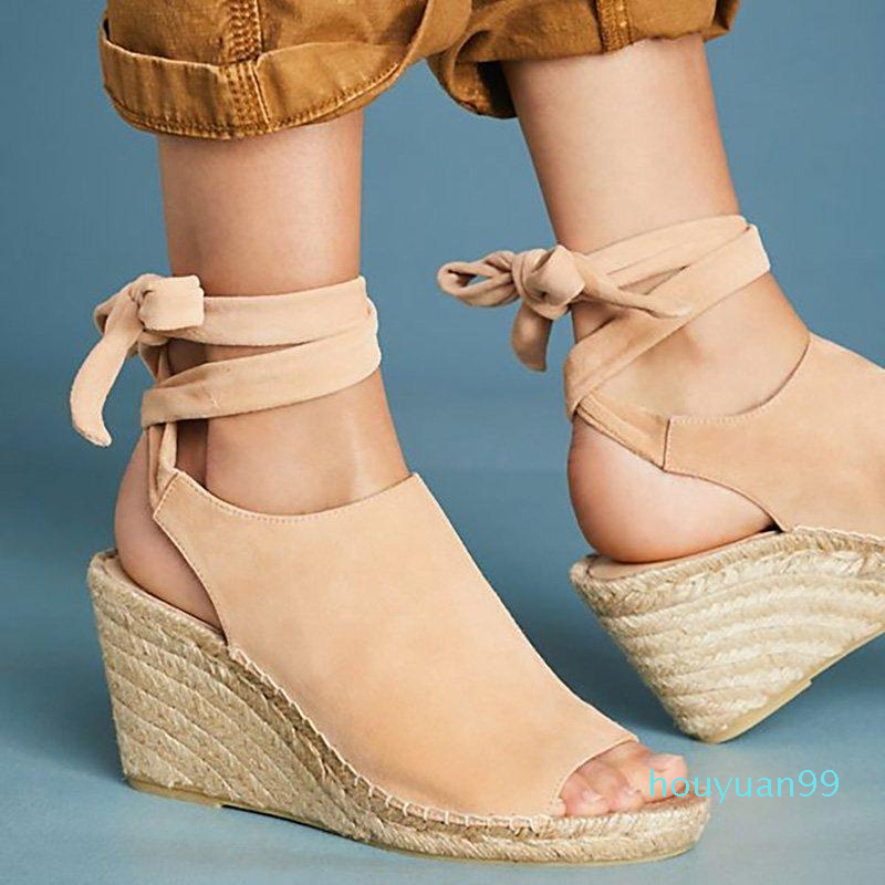 

Fashion Dress Shoes Woman 2022 Summer The Solid Color Women's Fashion Ankle Strap Wedges Sandals Platform Retro Peep Toe Shoe Large Size, As pic