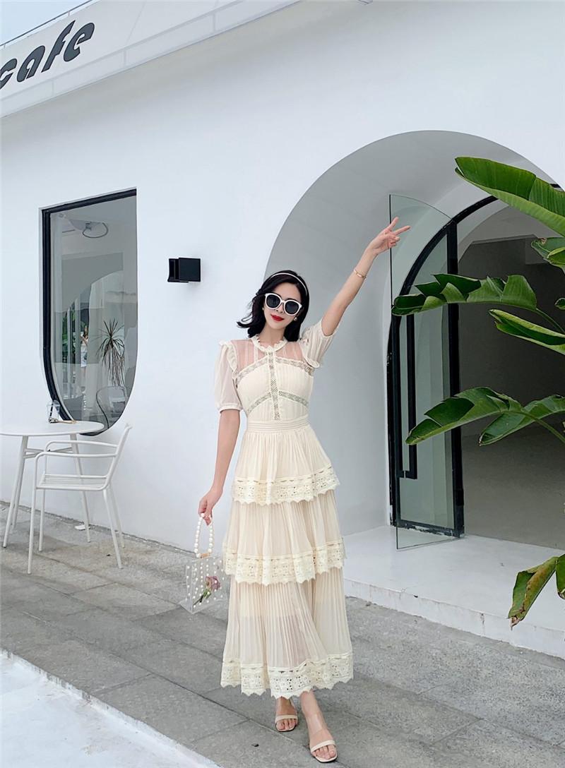 

Party Dresses Summer 2022 Beige Lace Pleated French Dress Short Sleeves