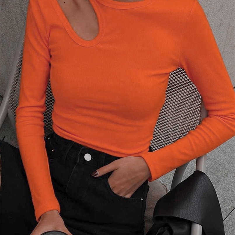 

Beyouare Sexy Hollow Out Women T Shirt Casual Round Neck Long Sleeve Skinny Cropped Tops Autumn Solid Elegant Basic Tees 220728, Black